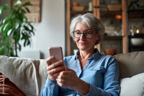 Relaxed mature old 60s woman, older middle aged female customer holding smartphone using mobile app, texting message, ecommerce offers on phone technology device sitting on couch at home,Generative AI