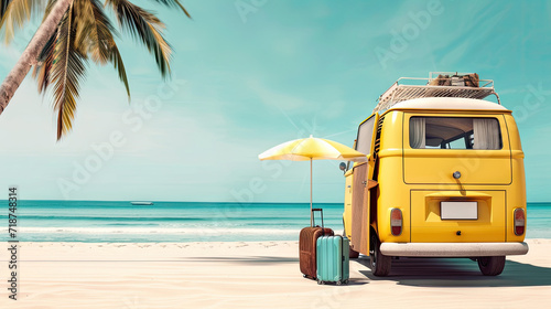 Summer travel , Yellow car van with luggage for summer holidays , Beach sea view , Vacation © Nice Seven