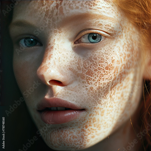 Exquisite portrait of a beautiful freckled girl, bathed in sunlight against a dark backdrop, accentuating her natural charm