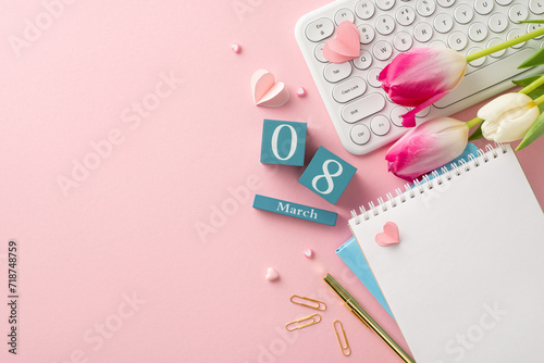 Celebrate the businesswoman in your life with this Woman's Day greeting! Top view of a keyboard, vibrant tulips, hearts, diaries, stationery, and a calendar set to March 8 on a pastel pink backdrop