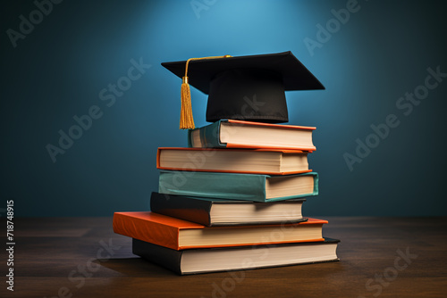 Graduation cap on stack of books on wooden table with blackboard background. Graduation cap above stack books with degree paper on wooden table