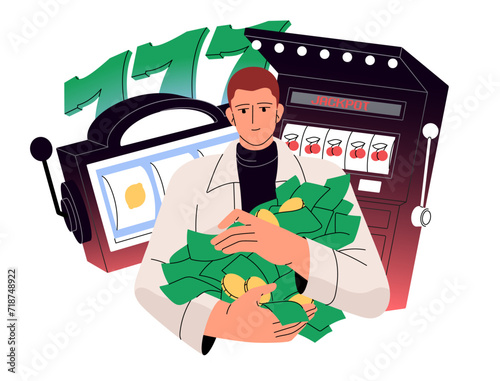 Player bets, plays slot or fruit machine. Lucky gambler holds money pile. Man won jackpot in online casino. Chance game 777. Gambling industry. Flat isolated vector illustration on white background