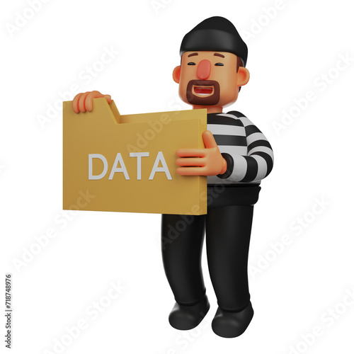   3D illustration. 3D Thief Cartoon Design stealing personal data. wearing a face mask. showing a funny expression. 3D Cartoon Character