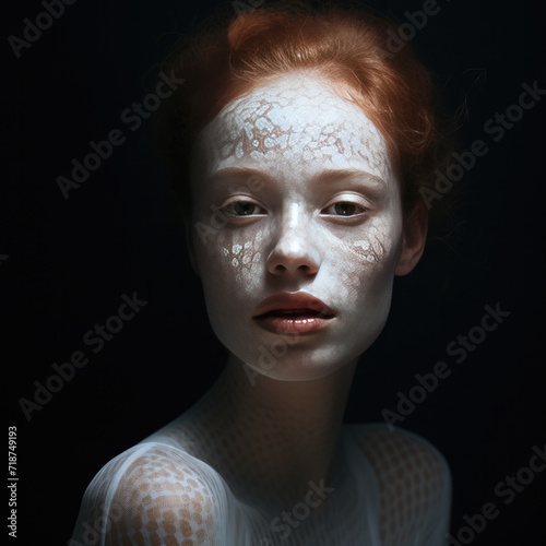 Exquisite portrait of a beautiful freckled girl, bathed in sunlight against a dark backdrop, accentuating her natural charm