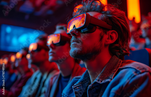 Young man sitting in row of people in virtual reality glasses watching movie in the cinema. A theater with people sitting and wearing 3d glasses