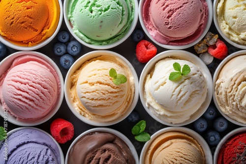 Top view of delicious scoops of creamy ice cream in different colors and flavors