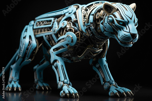 A robotic cheetah with sleek enhancements against a solid blue canvas, capturing the speed and precision of the modernized big cat in the technologically advanced wildlife. © Shani