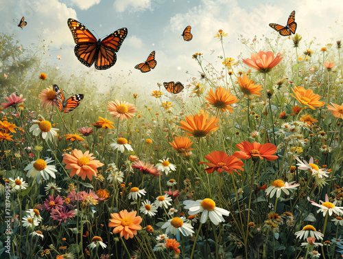 Monarch butterflies over blooming meadow. Summer nature and wildlife concept for environmental design  © Alexey