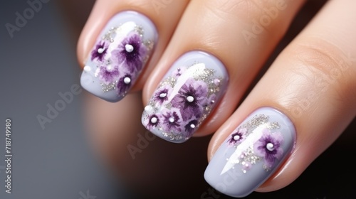 Nail design with violet flowers 