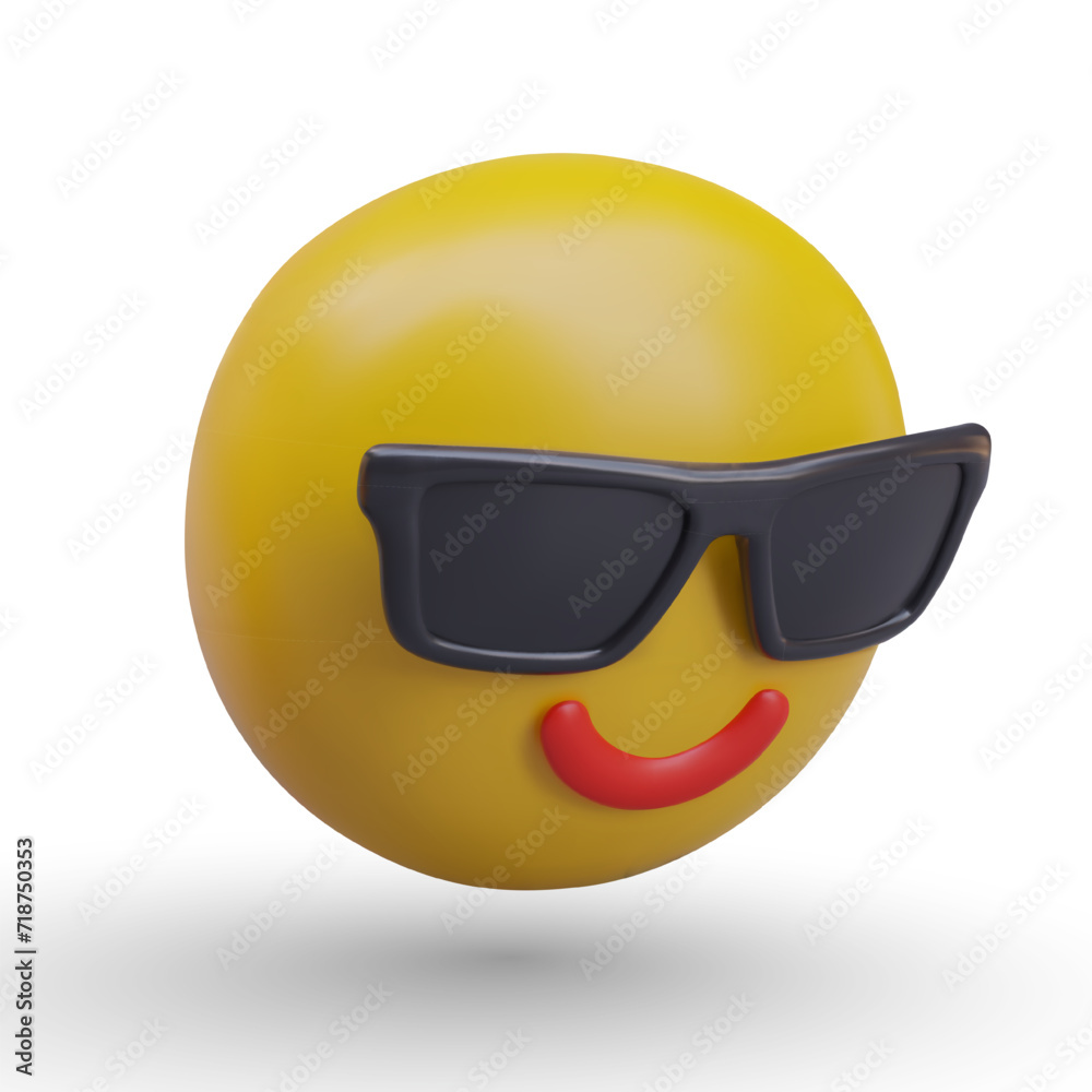 Smiling emoticon in sunglasses. 3D yellow character in cartoon style. Symbol of rest, relaxed behavior. Cool summer look. Happy emotion for online communication Smiling emoticon in sunglasses. 3D yellow character in cartoon style. Symbol of rest, relaxed behavior. Cool summer look. Happy emotion for online communication
