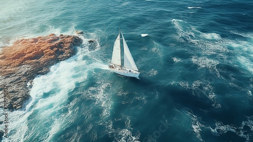 Sailing A picturesque seascape showcasing a sleek sailboat gliding across calm azure water , landscape, wave