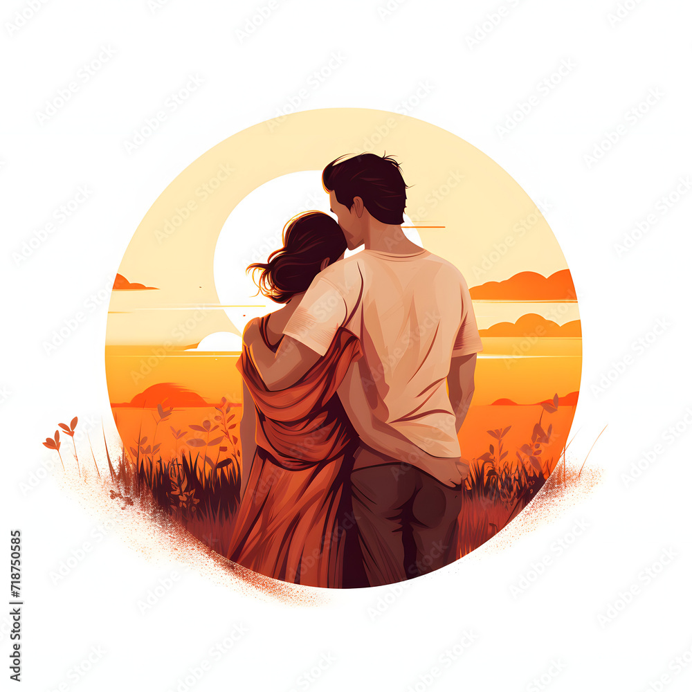 Couple watching a sunset, wrapped in each other's arms isolated on white background, simple style, png
