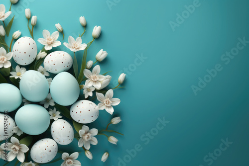Easter poster and banner template with beautiful Easter multi-colored eggs and flowers.Promotion and shopping template for Easter. Beautiful easter promotion banner.Top view  flat lay.Space for text
