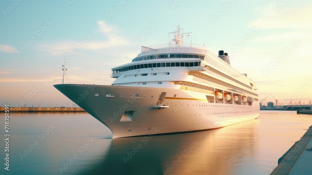 A modern, white cruise ship near the pier at sunset, side view. Travel and vacation