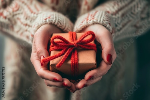 Close-up of female hands holding a gift, a symbol of love for Valentine's Day, birthdays, or Mother's Day Generative Ai