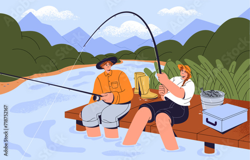 People in hat sitting on pier, fishing. Couple fun, angling on river bank. Friends with rods catch fish, spinning together. Fisherman rest on vacation. Summer landscape. Flat vector illustration