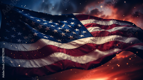 American Flag waving in the wind on dark cloudy sky background 3D rendering. Generative AI