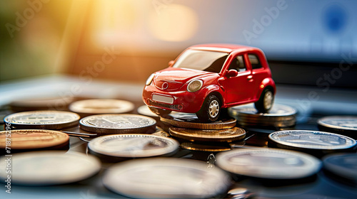 , Red car with coins, auto tax and financing, car insurance and car loans, concept of savings money on car purchase photo
