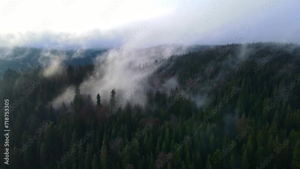 flying drone over the cloudy fog haze of the Black Forest in southern Germany. Black forest View from Mount Blauen to Belchen. flying drone over the cloudy fog haze of the Black Forest in southern Germany. Black forest View from Mount Blauen to Belchen.