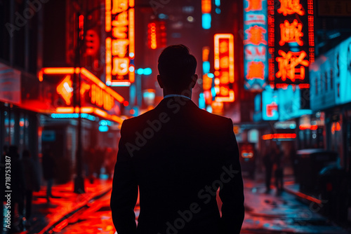 Nighttime Urban Bustle Silhouetted Figure in a Vibrant City Bar Scene with Glowing Lights and Energetic Crowd © NUTTAWAT