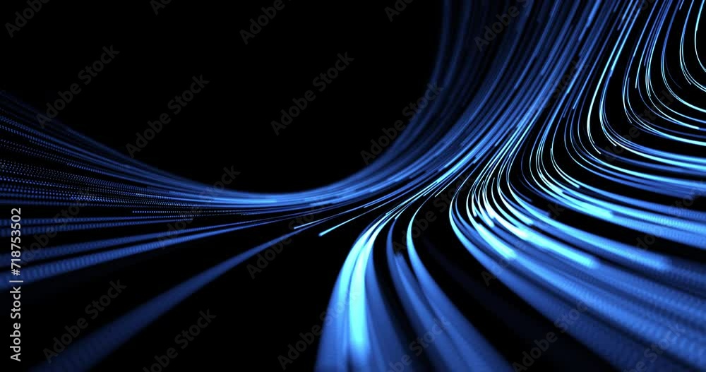Descending and expanding stream of moving blue lines on black background. Abstract animation.