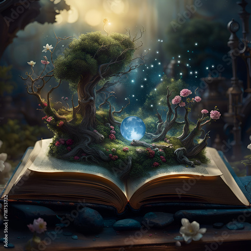 Fantasy world rising from the pages of an open. Concept of reading magic, make believe, imagination. Digital illustration. CG Artwork Background