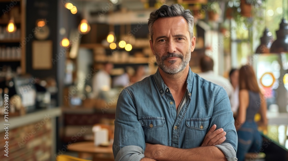 Fototapeta premium Cafe entrepreneur male smiling happy working in modern coffee shop, Hispanic 40s man standing at counter bar barista interacting with customers. Busy morning atmosphere, small business owner lifestyle