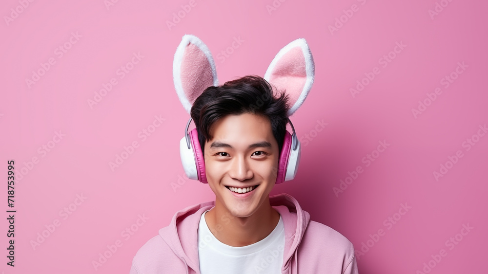 A smiling joyful young Asian man wearing pink bunny ears and headphones on a pink background. Easter Celebration and Easter playful festivities