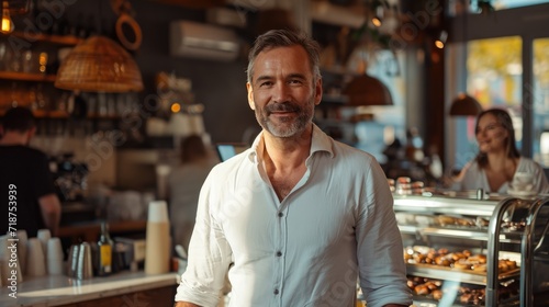 Cafe entrepreneur male smiling happy working in modern coffee shop, Hispanic 40s man standing at counter bar barista interacting with customers. Busy morning atmosphere, small business owner lifestyle