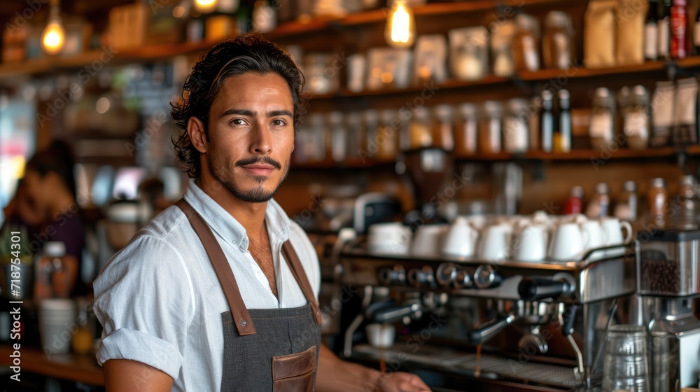 Cafe entrepreneur male smiling happy working in modern coffee shop, Hispanic 40s man barista waiter standing at counter interacting with customers. morning atmosphere small business owner lifestyle