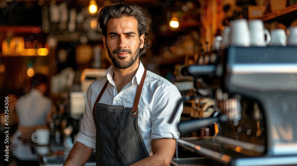 Cafe entrepreneur male smiling happy working in modern coffee shop, Hispanic 40s man barista waiter standing at counter interacting with customers. morning atmosphere small business owner lifestyle