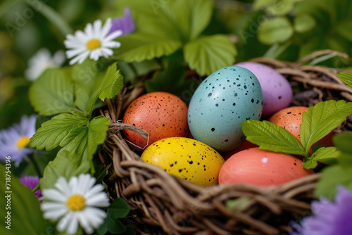 Colorful painted Easter eggs nestle in a basket amidst flowers and leaves, creating a vibrant spring ambiance