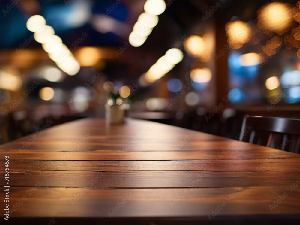 street cafe in the night. table in restaurant. Top of Wooden table with Blurred Bar Interior restaurant background.