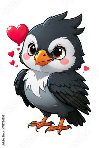 Detailed illustration of a cute crow with hearts on a transparent background. Cute character for cartoon, sticker