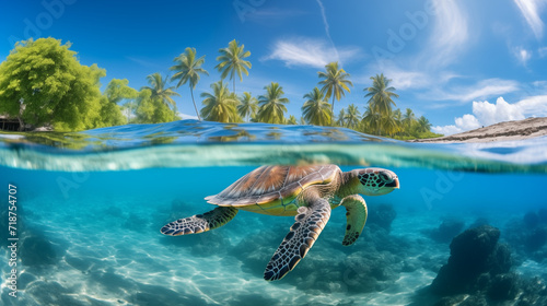 Big old rare endangered sea turtle cruises near tropical island beach and coral reef. Chelonia mydas swimming in the warm clean waters. Split over underwater view with waterline