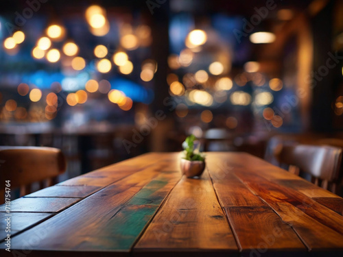 empty table. table in restaurant. Top of Wooden table with Blurred Bar Interior restaurant background.