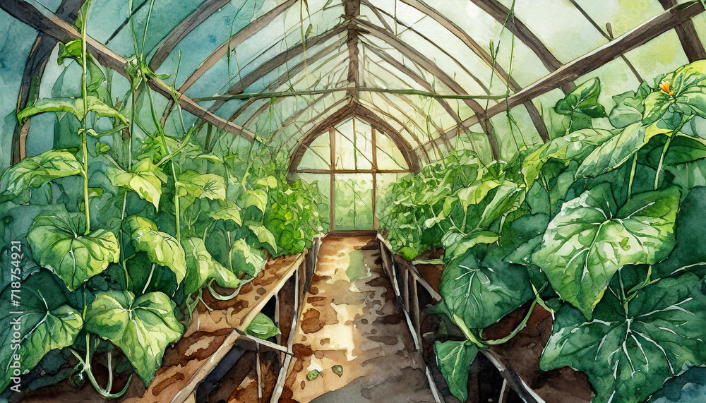 cucumbers plants in a greenhouse, art design cucumbers plants in a greenhouse, art design