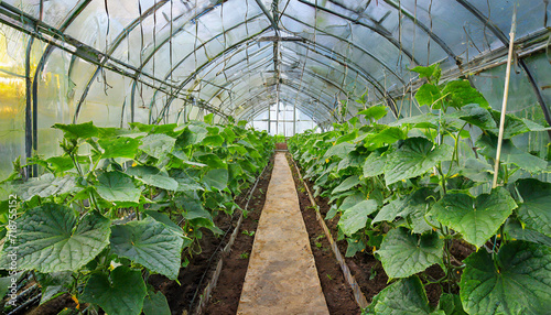 cucumbers plants in a greenhouse in the spring