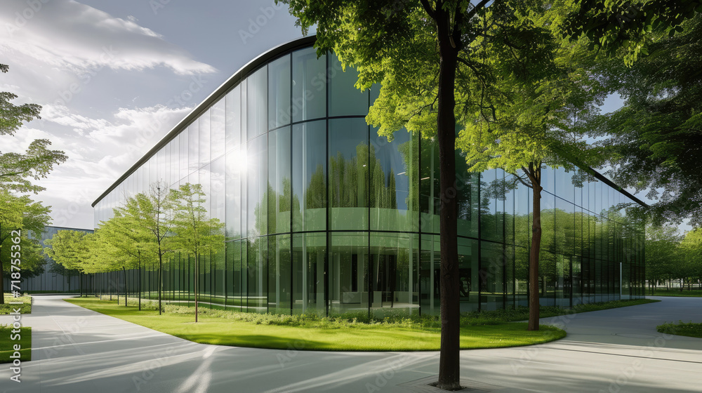 Fototapeta premium Eco-friendly building in the modern city. Sustainable glass office building with tree for reducing heat and carbon dioxide. Office building with green environment. Corporate building reduce CO2.