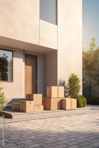 Parcels are standing near the front door. Cardboard boxes stand near the entrance. Modern house © Alex Shi