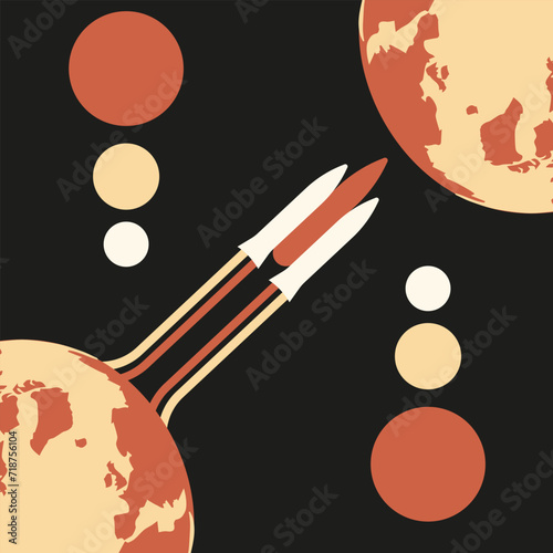 Design retro poster with Rocket on planet Orbit. Geometric cosmic banner in trendy vintage style. Design t-shirt print. Vector illustration can used web and social media poster card. EPS 10