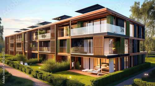 Modern eco-friendly multifamily homes with photovoltaic cells. eco house © Nice Seven