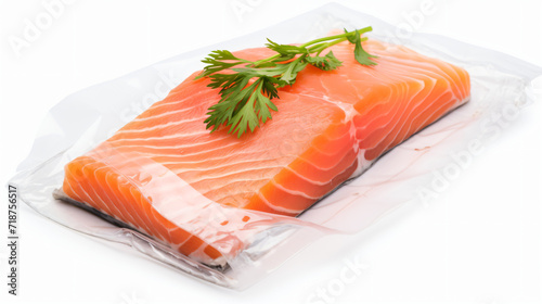 Salmon fillet in vacuum packaging isolated on white background