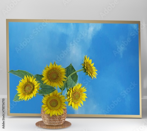 Bright yellow sunflowers  bouquet with leaves and  blue sky, luxury amazing background vector design 