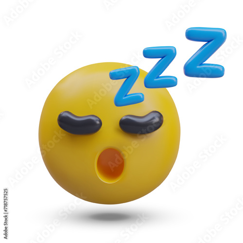 Front view on realistic sleepy face emoji. Snoring emoticon. Reaction to social media. Sleep night. Vector illustration in 3d style in yellow and blue colors with shadow