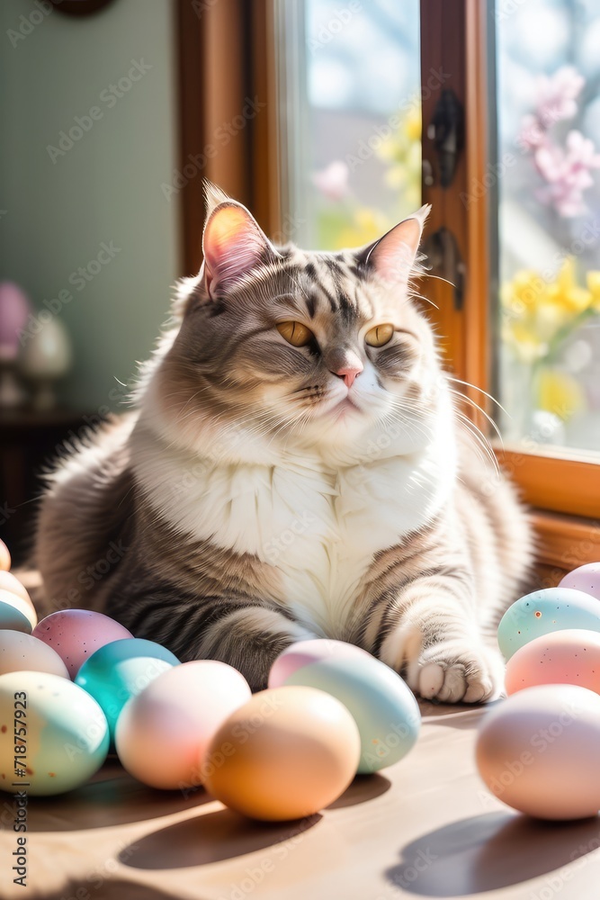 A cat and Easter eggs. The cat is lying on the window in the rays of the spring sun with Easter eggs.