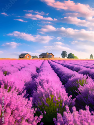Large Lavender Flower Sea, A Field Of Lavender With Houses In The Background