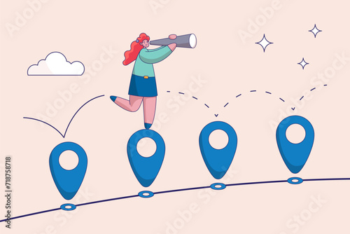 Progress concept. Roadmap, project milestone or business journey achievement, workflow or process timeline to success, step planning, businesswoman run on milestone location pin on business roadmap.
