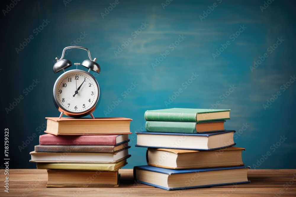 Alarm clock and stack of books on wooden table. Back to school concept Ai generated Alarm clock and stack of books on wooden table. Back to school concept Ai generated