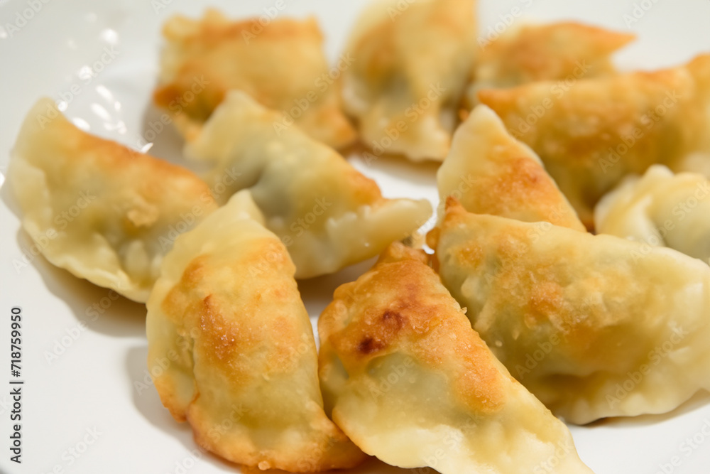fried dumplings. small fried dumplings lie on a white plate close-up, food concept fried dumplings. small fried dumplings lie on a white plate close-up, food concept